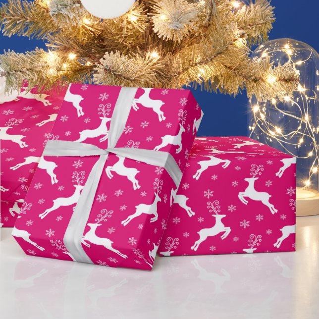 Papier Cadeau Renne de Noël d'hiver rose vif (Vacances)