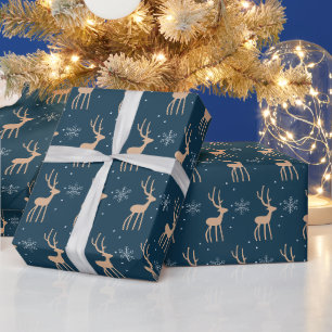 Papier Cadeau Renne de Noël et flocon de neige bleu