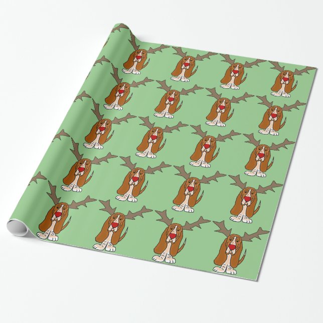 Papier Cadeau Renne drôle de Noël de Basset Hound (Déroulé)