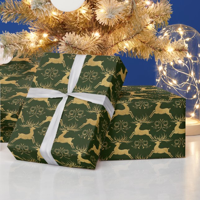 Papier Cadeau Renne en cuir doré de Noël vert (Vacances)