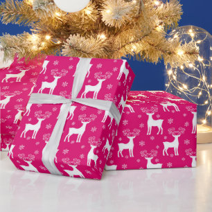 Papier Cadeau Renne et flocons de neige de Noël rose chaud