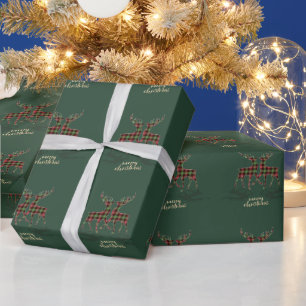 Papier Cadeau Renne Plaid Buffle Vert Joyeux Noël