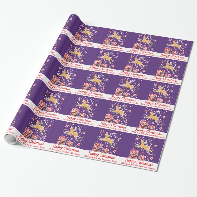 Papier Cadeau Rennes de Noël dans l'enveloppe de vacances violet (Déroulé)