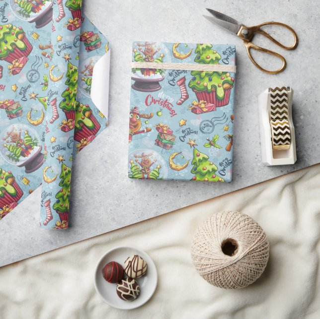 Papier Cadeau Rennes de Noël et boules à neige (Artisanat)