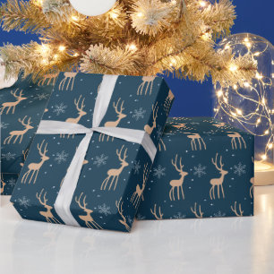 Papier Cadeau Rennes de Noël et flocon bleu