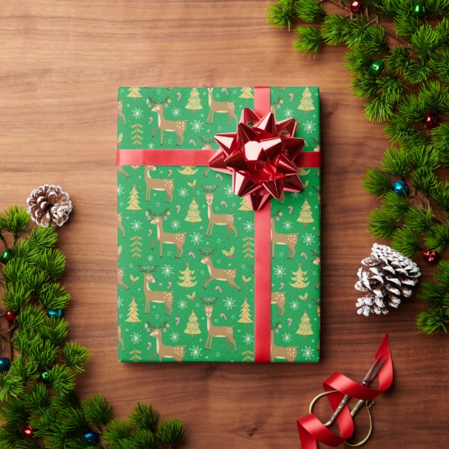 Papier Cadeau Rennes de Noël Jouer sous les arbres de Noël Vert (Cadeau de vacances)