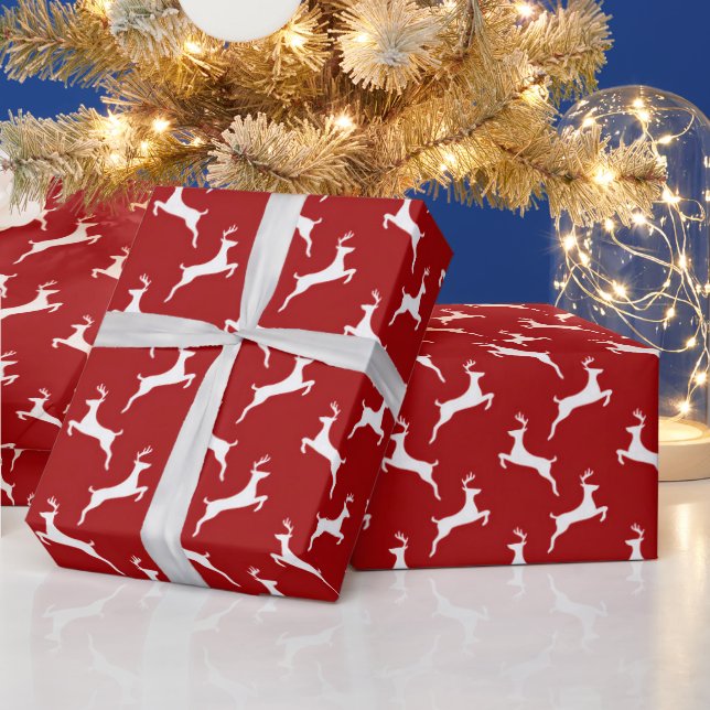 Papier Cadeau Rennes de Noël rouge blanc (Vacances)