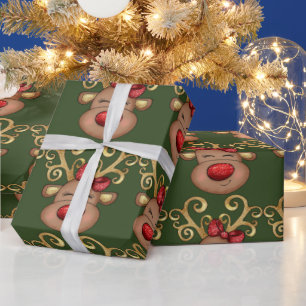 Papier Cadeau Rennes de Noël visage vacances motif vert