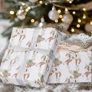 Papier Cadeau Rennes Fantaisistes et Mignons au Patin à Glace No