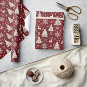Papier Cadeau Rennes, flocons de neige et arbres de Noël