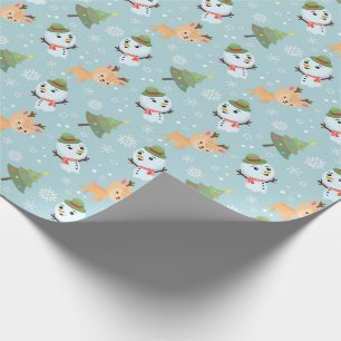 Papier Cadeau Rennes, neigeurs et arbres de Noël