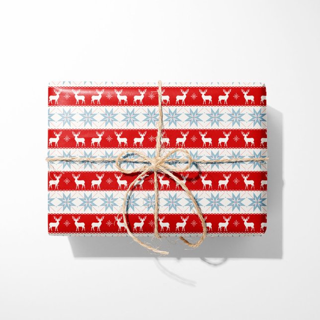 Papier Cadeau Rennes nordiques de Noël et Snowflakes Rouge (Créateur téléchargé)