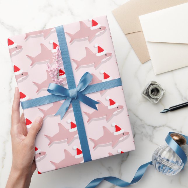 Papier Cadeau Requin rose en Noël Noël à Santa Hat (Cadeaux)
