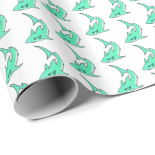 Papier Cadeau requin souriant de dessin animé bleu vert océan an