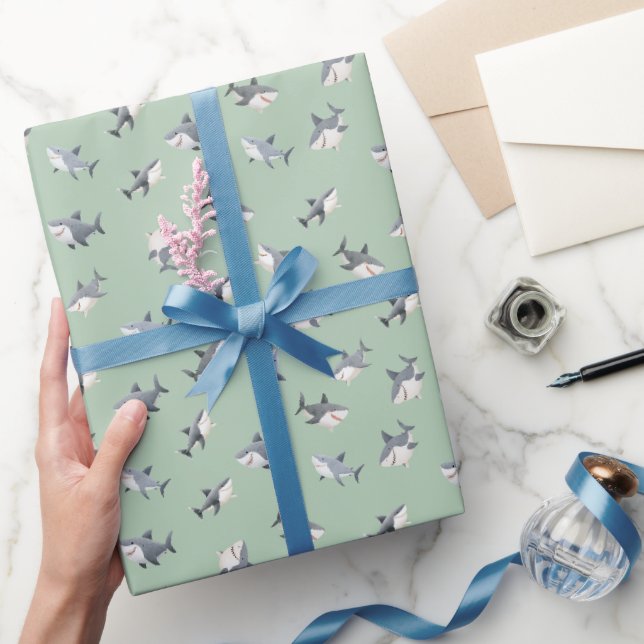Papier Cadeau Requins à l'aquarelle jetés sur fond vert clair (Cadeaux)