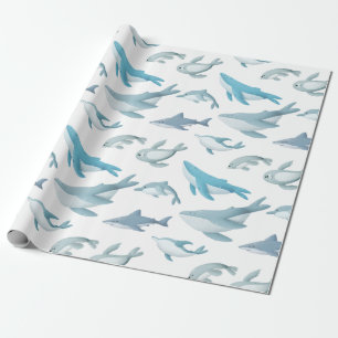 Papier Cadeau Requins, baleines, dauphins, phoques en blanc