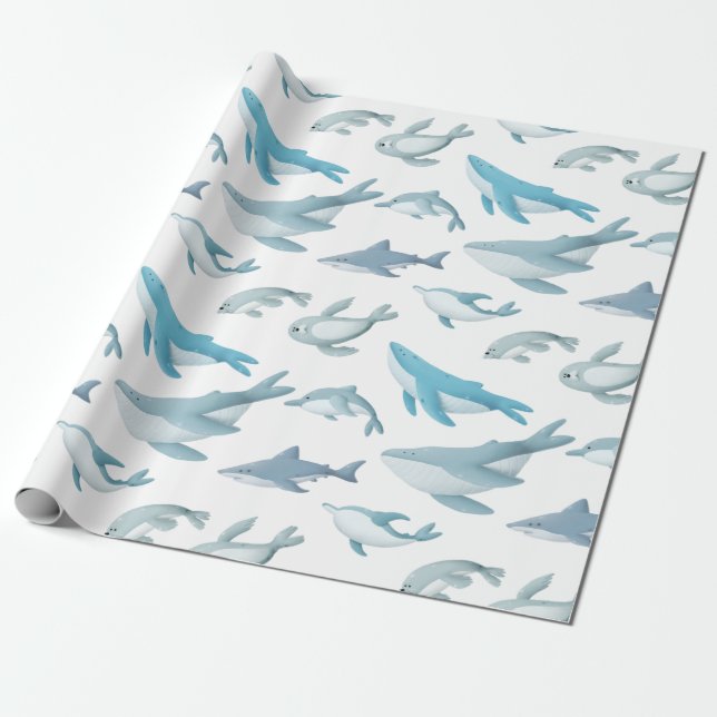 Papier Cadeau Requins, baleines, dauphins, phoques en blanc (Déroulé)