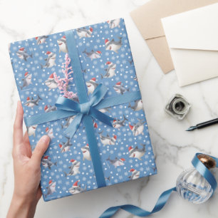 Papier Cadeau Requins de Noël et flocons de neige sur fond bleu