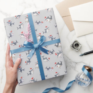 Papier Cadeau Requins de Noël jetés sur gris clair