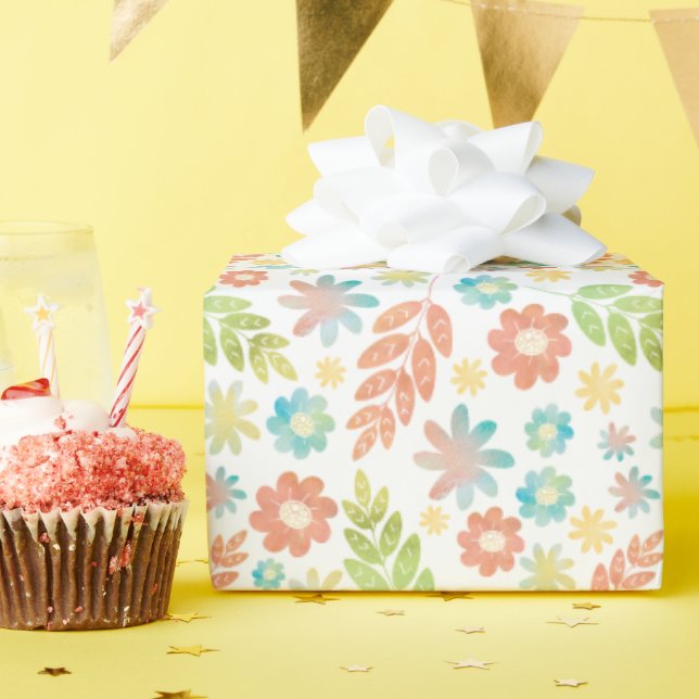 Papier Cadeau Ressort Floral & Feuille Digital Peint Motif (Fête d'anniversaire)