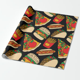 Papier Cadeau restauration rapide pizza hamburger hotdog frites 