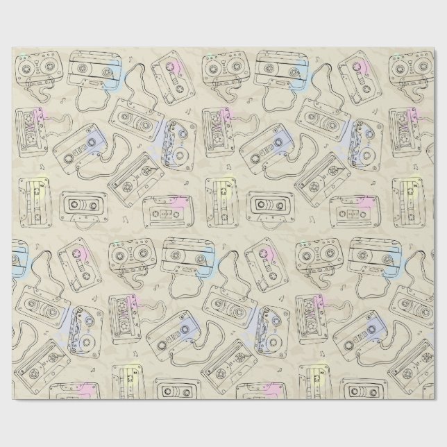 Papier Cadeau Retro 80s 90s Nostalgic Cassette Mix Tape Pattern (Plat)