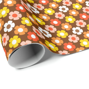 Papier Cadeau Retro Automne Fleurs Motif Brown