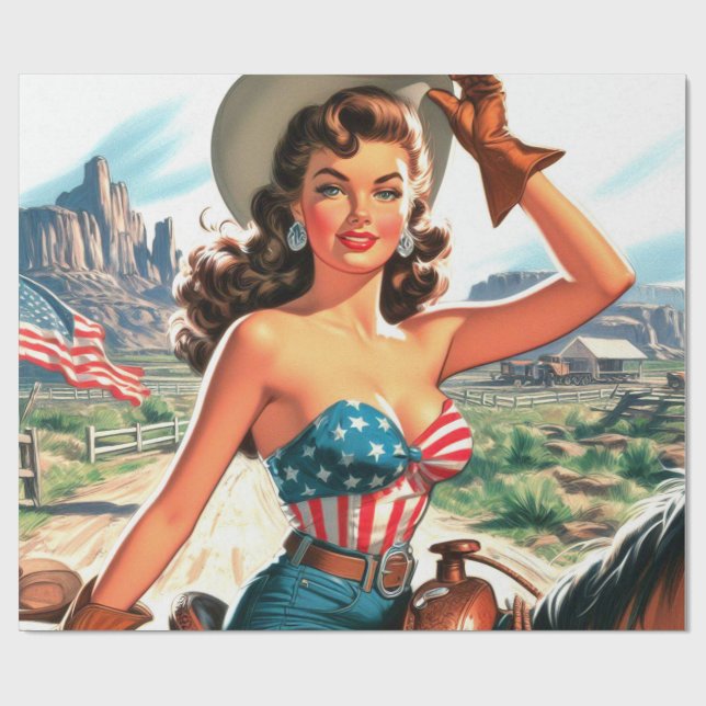 Papier Cadeau Retro Belle Cowgirl Pin Up (Plat)