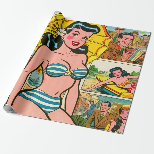 Papier Cadeau Retro Bikini Girl Summer Comics (Déroulé)