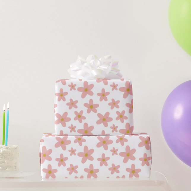 Papier Cadeau Retro Boho rose et blanc marguerites filles (Cadeaux de fête)