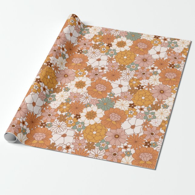 Papier Cadeau Retro Boho Terracotta Floral Fleurs Bohème (Déroulé)