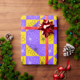 Papier Cadeau Rétro Boho Violet et Jaune Damier aux Marguerites