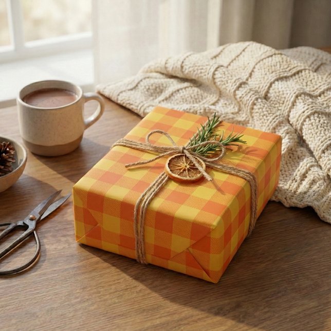 Papier Cadeau Retro Bright Summer Jaune Orange Préppé Plaid (Créateur téléchargé)