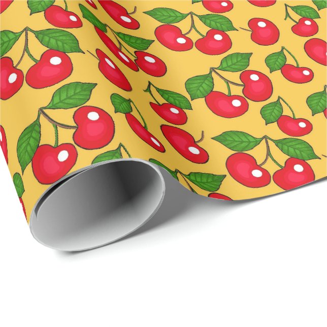 Papier Cadeau Retro Cherry Design / Jaune (Coin rond)