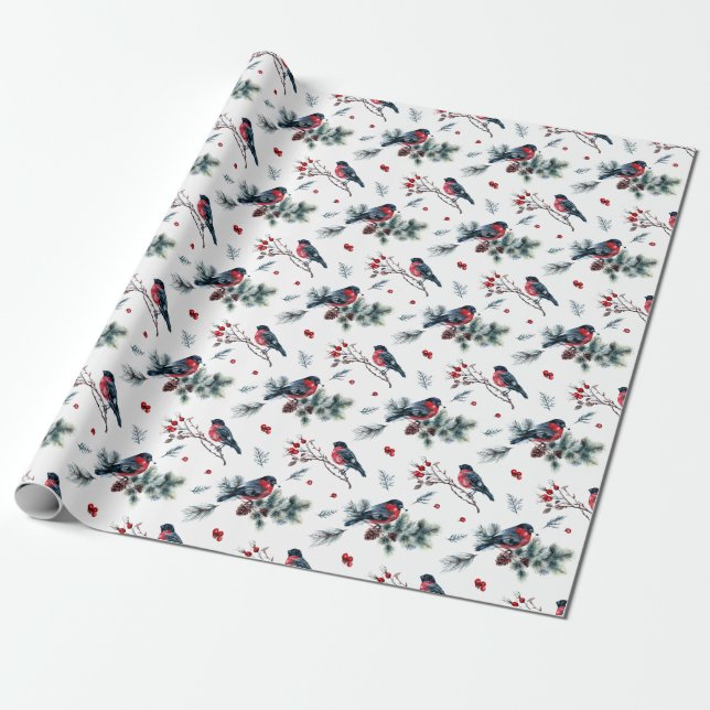 Papier Cadeau RETRO Classic Pine Cône Branche Oiseaux de Noël (Déroulé)