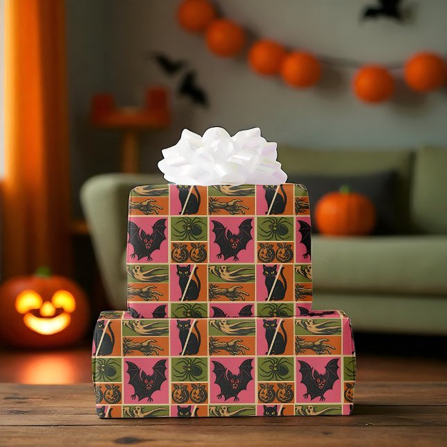 Papier Cadeau Retro Creeps (Retro Halloween gift wrap with bats, cats, pumpkins, and spooky icons.)