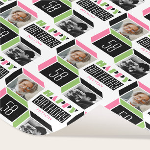 Papier Cadeau Retro Cube Anniversaire Personnalisé Photo Rose Ve