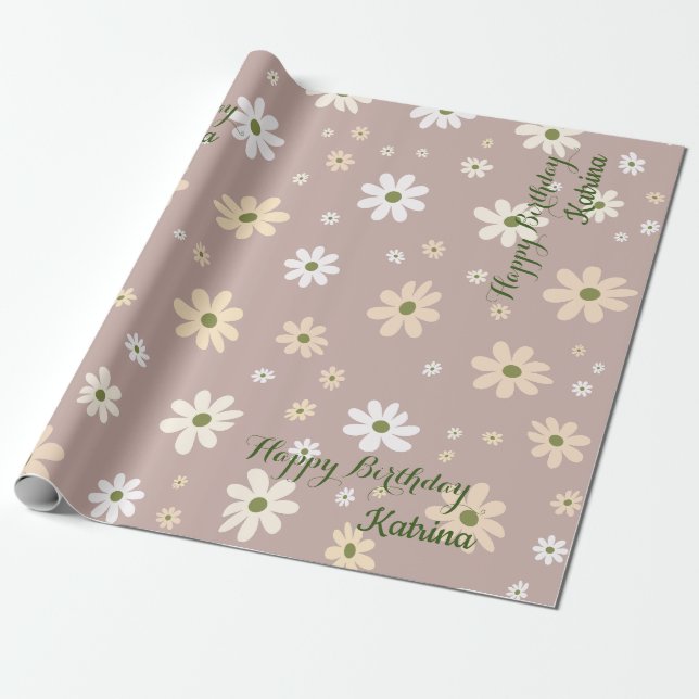 Papier Cadeau Retro Daisy Floral Motif Personnalisé Anniversaire (Déroulé)