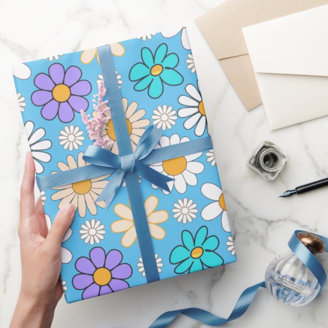 Papier Cadeau Retro Daisy Motif Simple.01. L Blue BG (Cadeaux)