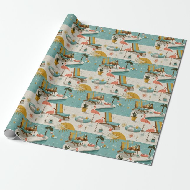 Papier Cadeau Retro Flamingo Poolside Summer Pattern (10) (Déroulé)