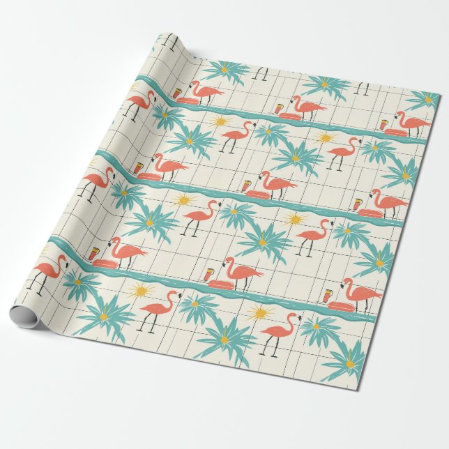 Papier Cadeau Retro Flamingo Poolside Summer Pattern (2) (Déroulé)
