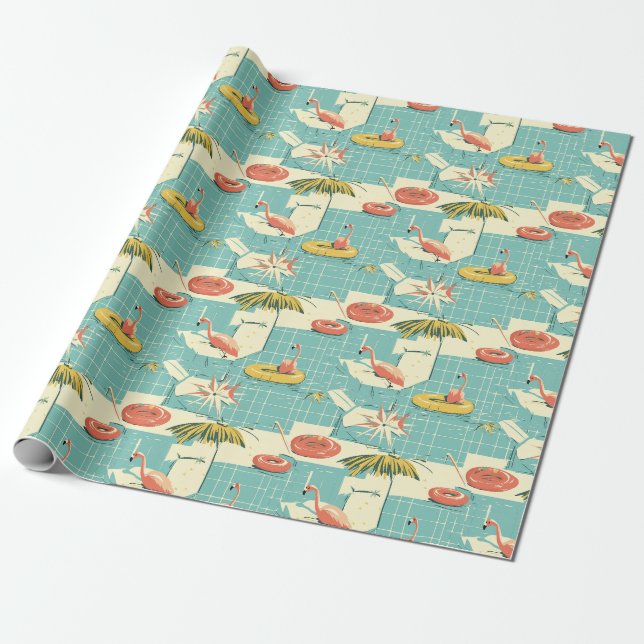 Papier Cadeau Retro Flamingo Poolside Summer Pattern (4) (Déroulé)