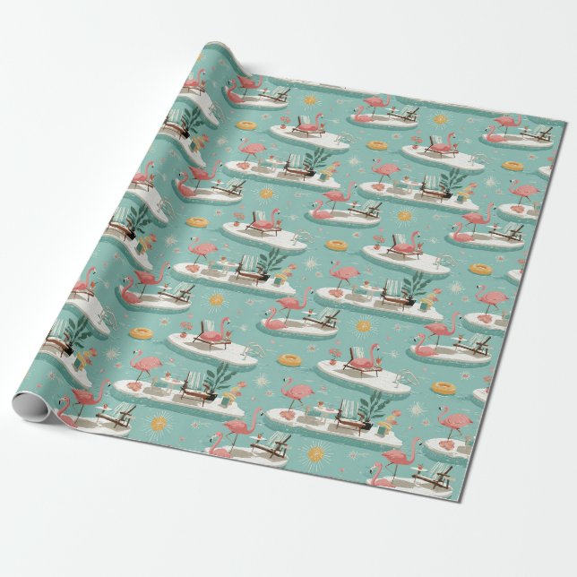 Papier Cadeau Retro Flamingo Poolside Summer Pattern (6) (Déroulé)