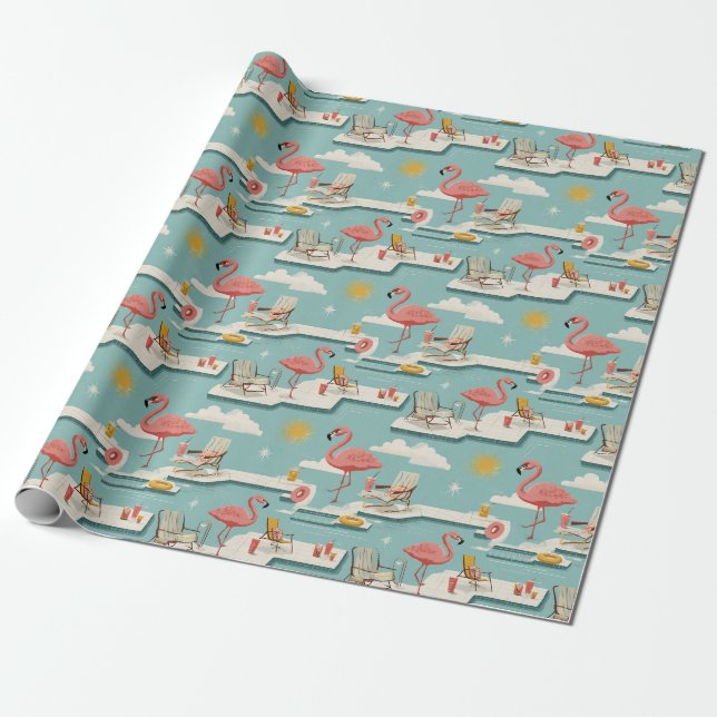 Papier Cadeau Retro Flamingo Poolside Summer Pattern (7) (Déroulé)