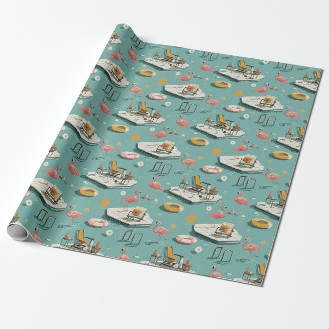 Papier Cadeau Retro Flamingo Poolside Summer Pattern (8) (Déroulé)