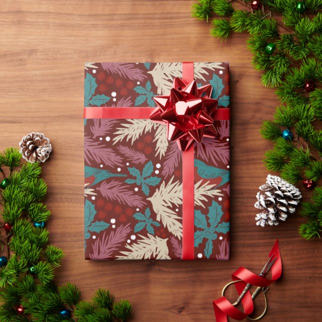 Papier Cadeau Retro Floral Noël Rouge Motif Turquoise (Cadeau de vacances)