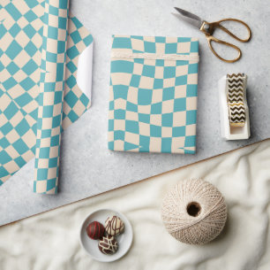 Papier Cadeau rétro funky mignon turquoise bleu à carreaux ondul