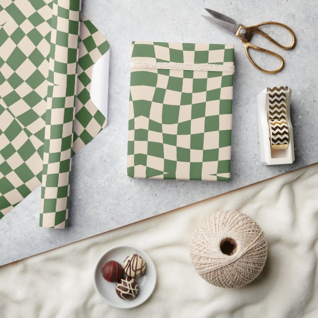 Papier Cadeau rétro funky mignon vert à carreaux ondulés  (Artisanat)