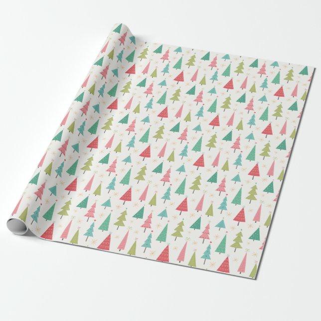 Papier Cadeau Retro Joyeux arbres de Noël Fun Motif de vacances (Déroulé)