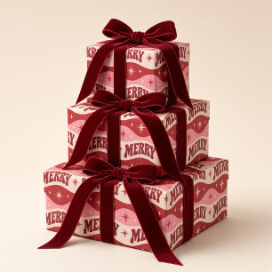 Papier Cadeau Rétro Joyeux Rose Rouge Noël Ondulé